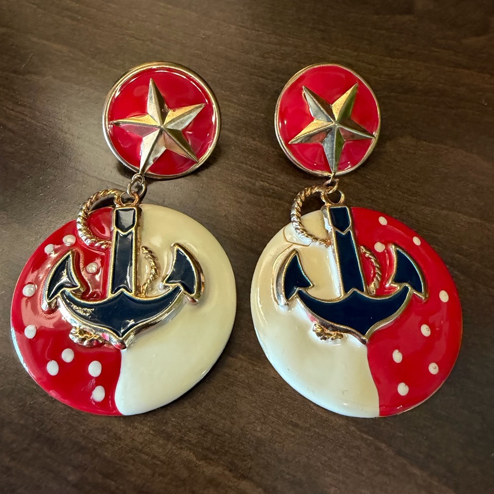 Vintage Enamel Nautical Anchor Pierced Earrings
